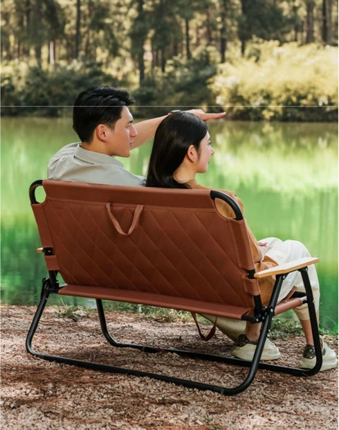 Outdoor Camping Double Folding Chair Picnic Portable Beach Chair - Brown